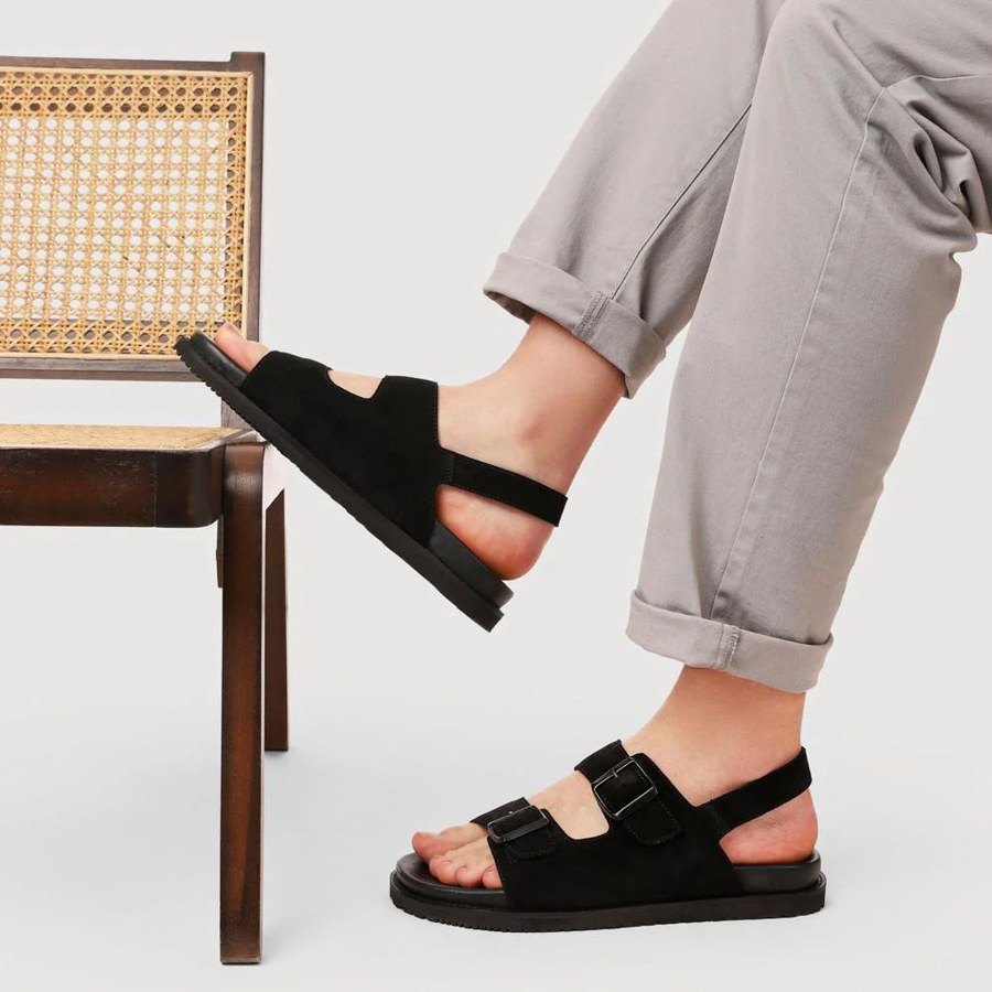 Model wearing LUCIAN double strap leather sandals