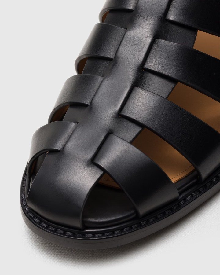 Cage Sandal — Woven closed-toe cage in polished calfskin.