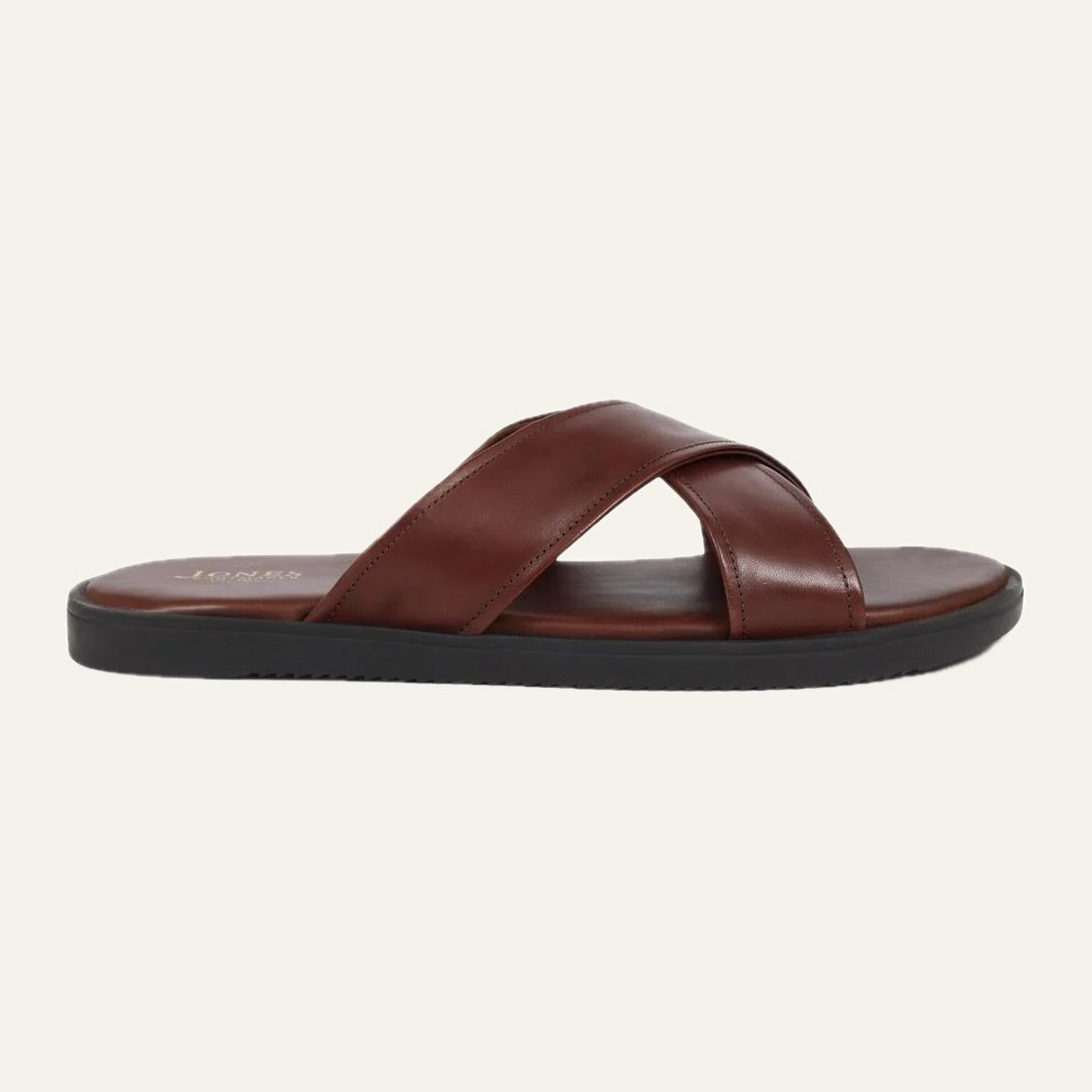 Cross Strap Slide — Wide crossed bands in burnished brown leather.