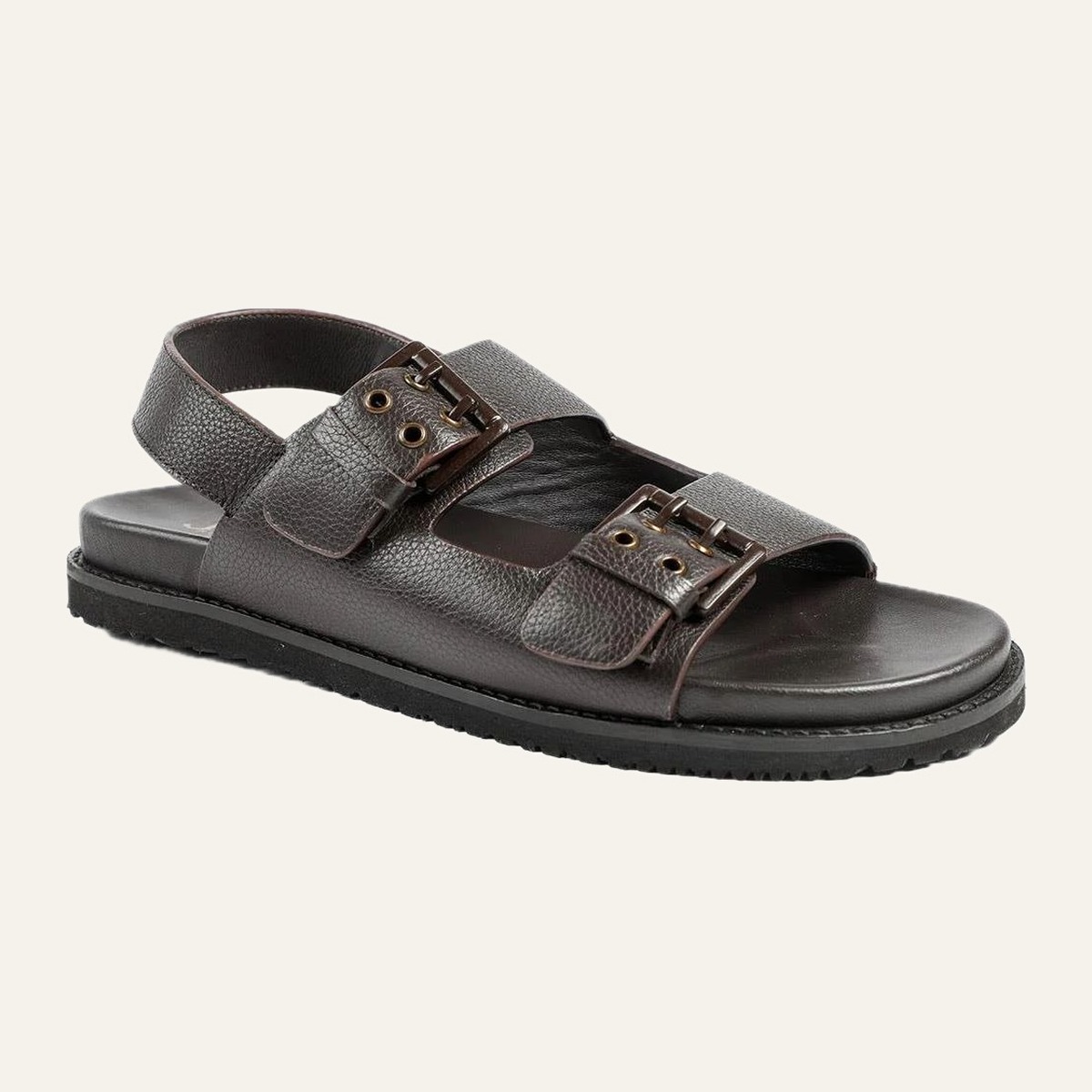 Twin Buckle Sandal — Grained double strap with antique buckles.